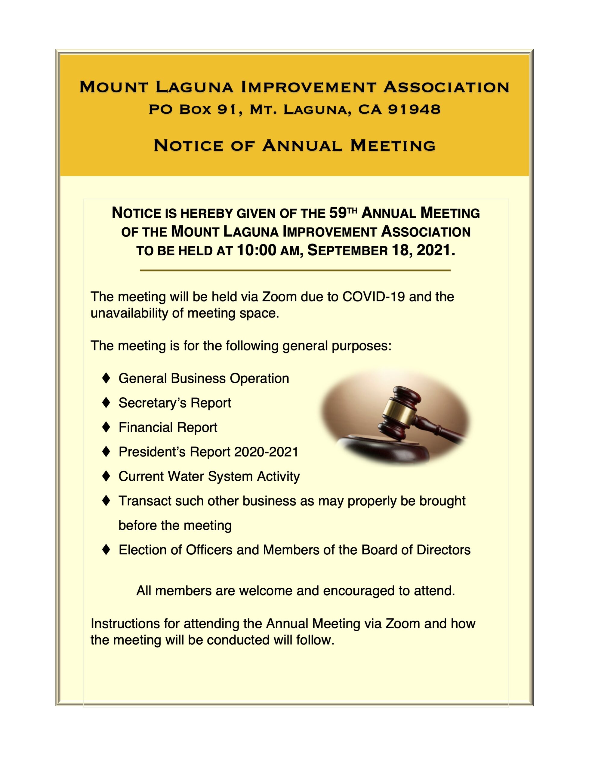 2021 Annual Meeting – Mount Laguna Improvement Association